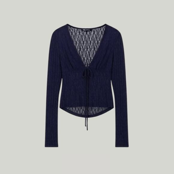 y2k Grunge Sheer Lace Tie Top Blue Violet Navy Long Sleeve Mesh 90s 00s Goth M L - Picture 2 of 10